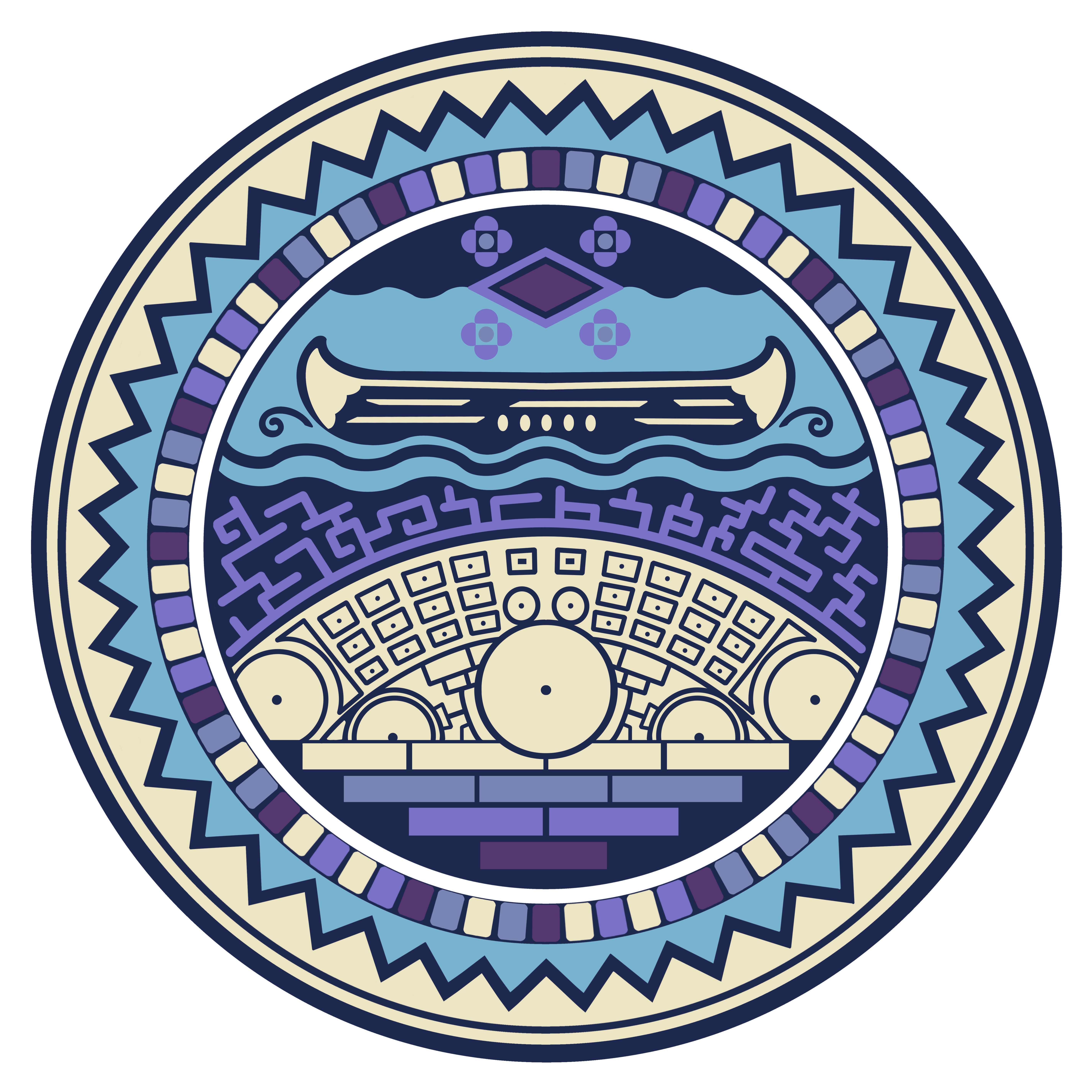 Historical All Roads emblem with river, trumpet, and Chaco imagery