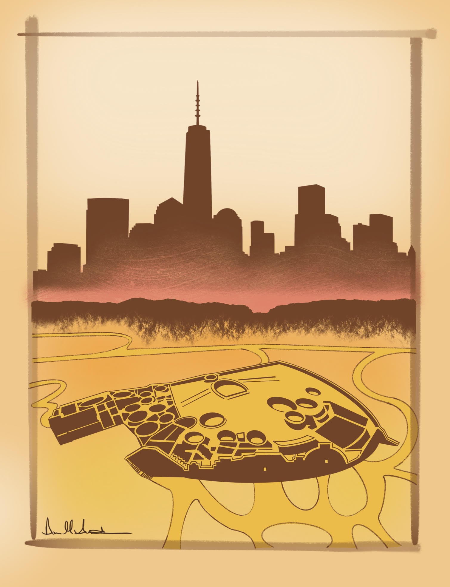 Artwork connecting Chaco Canyon with a modern city skyline